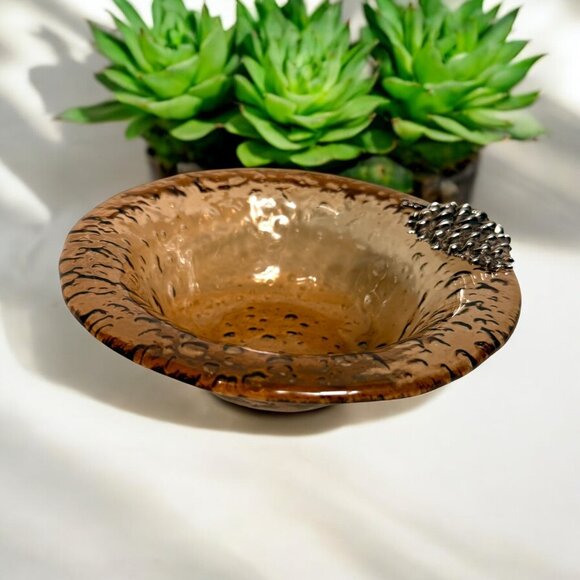 Hand Blown Amber Art Glass Dish With Silver-Tone PINECONE Embellishment - Picture 1 of 8